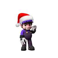 a cartoon character is wearing a santa hat and purple overalls