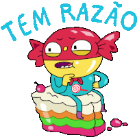 a cartoon character sitting on top of a cake with the words tem razao written below him