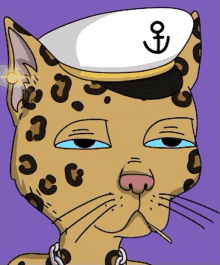 a cartoon of a leopard wearing a white hat with an anchor on it