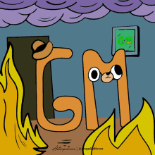 a cartoon drawing of the letter g and m with flames surrounding them