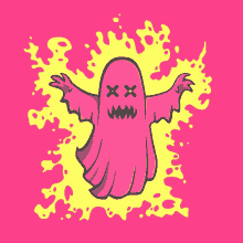 a pink ghost with x 's on its face is surrounded by flames