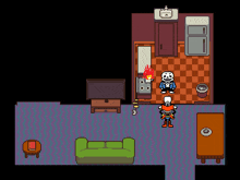 a pixel art drawing of a living room with a couch , table , television and skeletons .