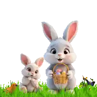 two easter bunnies are sitting in the grass holding baskets of easter eggs