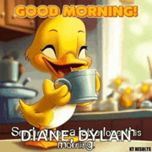 a cartoon duck is holding a cup of coffee with the words good morning