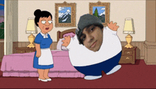 a cartoon of a maid standing next to a fat man in a bedroom