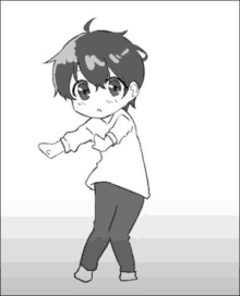 a black and white drawing of a boy standing with his hands outstretched