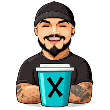 a cartoon of a man holding a cup with a letter x on it