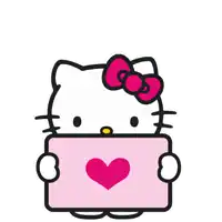 hello kitty is holding a card with a heart on it