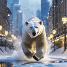 a polar bear is running down a snow covered street