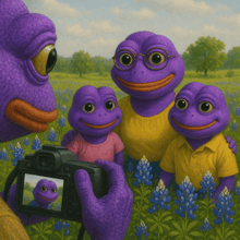 a painting of purple frogs taking a picture of themselves