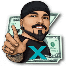 a man with a beard is pointing at a dollar bill with the letter x on it