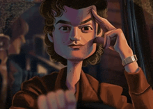 a cartoon drawing of a man with his hand on his head
