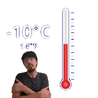 a man is standing next to a thermometer that says -10 degrees