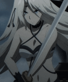 a girl with long white hair is holding a sword in her hand