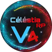 a celestia rp logo with a blue and red v4 in the center