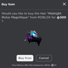 a screenshot of a buy item asking if you would like to buy the hair " midnight motor magnifique " from roblox for 500