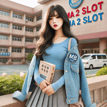 a girl stands in front of a building that says ma 2 slot ma 2 slot