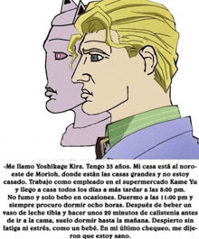 a cartoon of a man named yoshikage kira with a caption in spanish