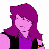 a cartoon character with purple hair is wearing a black vest and earrings .