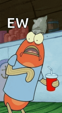 a cartoon character is holding a red cup with a straw and the word ew on it