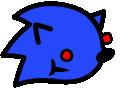 a cartoon drawing of a blue cat with red eyes .