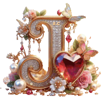 the letter j is decorated with pearls flowers and a heart