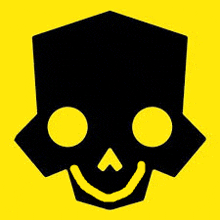 a black skull with a yellow smile on its face is on a yellow background .