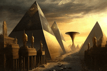 a painting of a city with pyramids and a building that says ' egypt ' on it