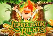 an advertisement for leprechaun riches shows a leprechaun surrounded by golden coins