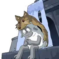 a cartoon of a wolf and a sheep sitting on a rock