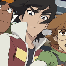 a group of cartoon characters are standing next to each other and one of them is looking at the camera