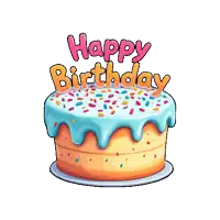 a happy birthday cake with blue frosting and sprinkles on a white background