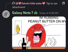 a screenshot of a galaxy note 7 with a picture of a cartoon character rubbing peanut butter on it