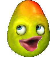 a cartoon pear with blue eyes and a pink tongue sticking out