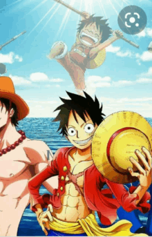 a monkey d luffy holding a straw hat stands next to a man with a tattoo on his arm