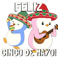 two penguins wearing sombrero hats are playing maracas and playing a guitar with the words feliz cinco de mayo below them