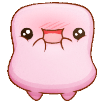 a cartoon drawing of a pink marshmallow with a big smile on it 's face