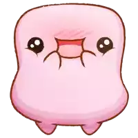 a cartoon drawing of a pink marshmallow with a big smile on it 's face