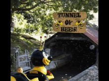 a statue of a bee is sitting in front of a tunnel of bees sign .