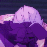 a close up of a cartoon character with purple hair making a surprised face