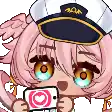 a cartoon girl with pink hair and a captain 's hat is holding a camera .