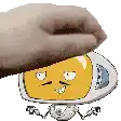 a hand is putting a cartoon character on top of a cartoon character .