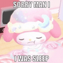 a pink my melody doll is laying on a bed with a hat on .