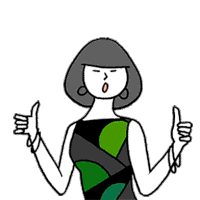 a cartoon of a woman in a green and black dress giving two thumbs up .