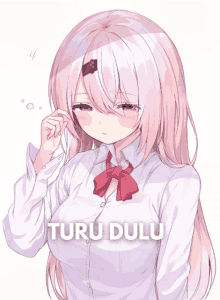 a girl with pink hair and a white shirt with the words turu dulu on it