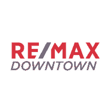 a red white and blue re / max downtown logo on a white background