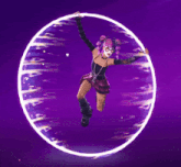 a woman wearing a mask and glasses is jumping through a purple hoop