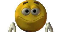 a yellow smiley face with big eyes and white gloves on