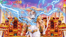 a cartoon of zeus holding a sword in front of a slot machine that says candy138