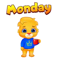 a cartoon lion wearing a blue shirt with a crown on it is holding a cup of coffee in front of the word monday